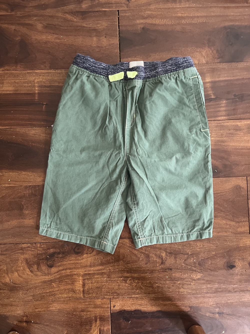 Boden Boy's Green Drawstring Shorts with Navy Waistband